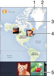 1 Visa geotaggade foton i jordglobsvyn 2 Visa menyalternativ 3 Tryck till två gånger för att zooma in. Knip ihop fingrarna för att zooma ut.
