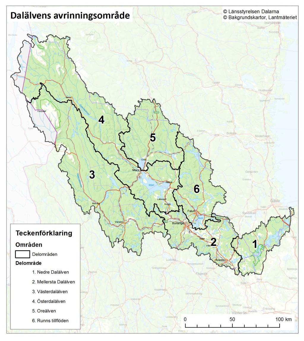 Dalälvens vattenkraftssystem Dalälven har i denna rapport indelats i sex delområden, utifrån de energioch naturmässiga förutsättningarna.