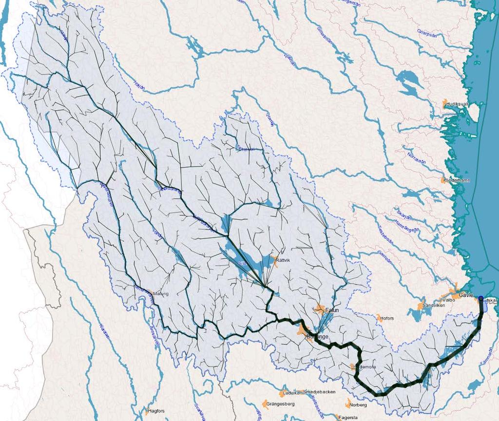 Figur 24. Vatten som ingår i S-HYPE modellen för Dalälven. Inom vattenförvaltningen har bedömningar av förändrade flöden hittills baserats på dygnsvärden dvs. medelflöden för varje dygn.