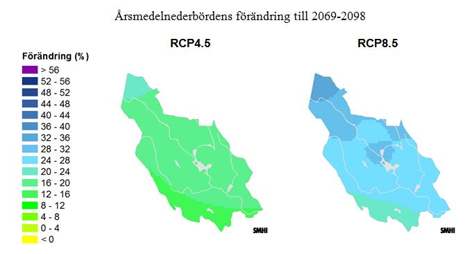 Figur 49. Förändring av årsmedelnederbörden från tidsperioden 1961-90 fram till 2069-98.