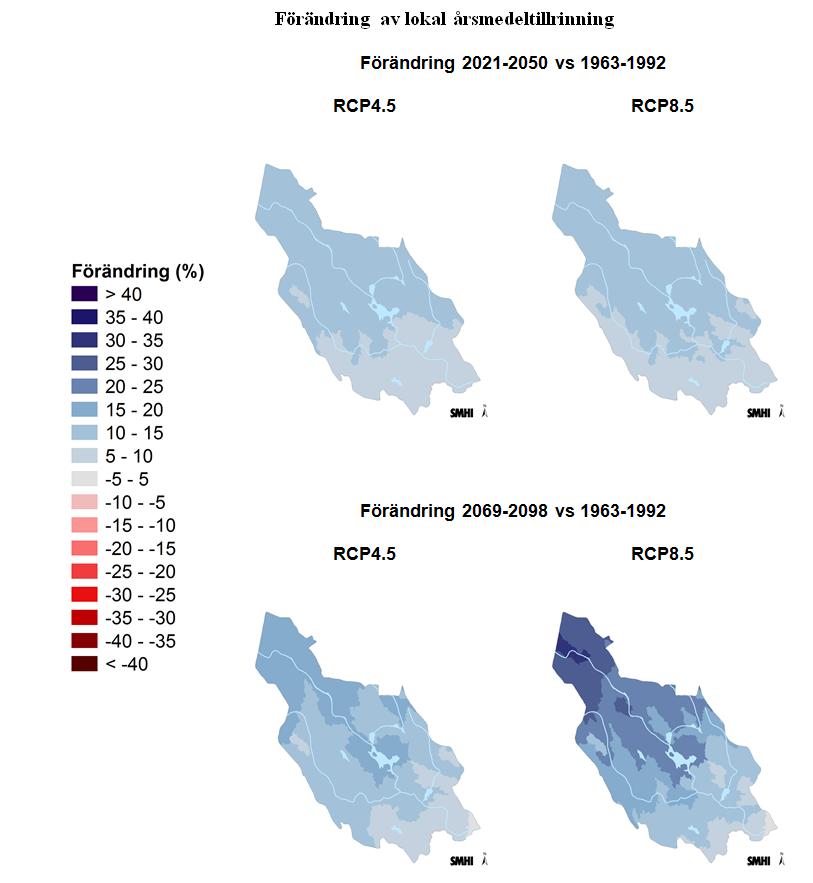 Figur 50. Förändring av lokal årsmedeltillrinning från tidsperioden 1963-92 fram till 2021-50 respektive 2069-98.