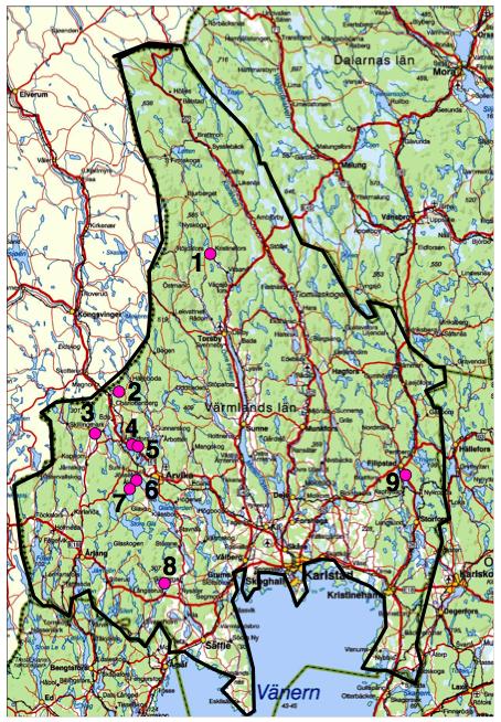 1.Rattån 2.Billan 3.Torgilsrudälven 4.Dalsälven 5.Öjenäsbäcken 6.Älgån 7.Mörtebäcken 8.Gullsjöälven 9.Stampbäcken Figur 1. Karta över Värmland där alla vattendrag är markerade.