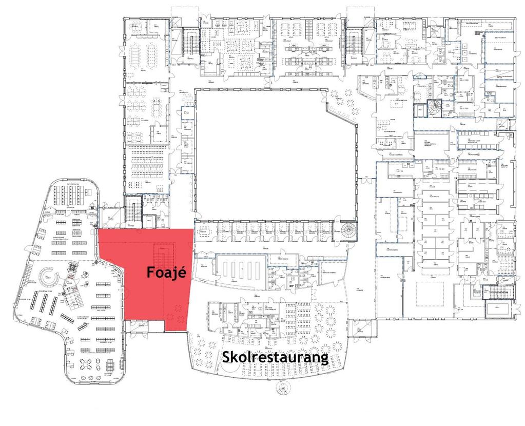 9 3.3.2 Inomhusuppdrag Foajéns placering i byggnaden illustreras nedan. Foajén binder samman bibliotek med resterande byggnad. Skolrestaurangens fasad mot söder är helt i glas.