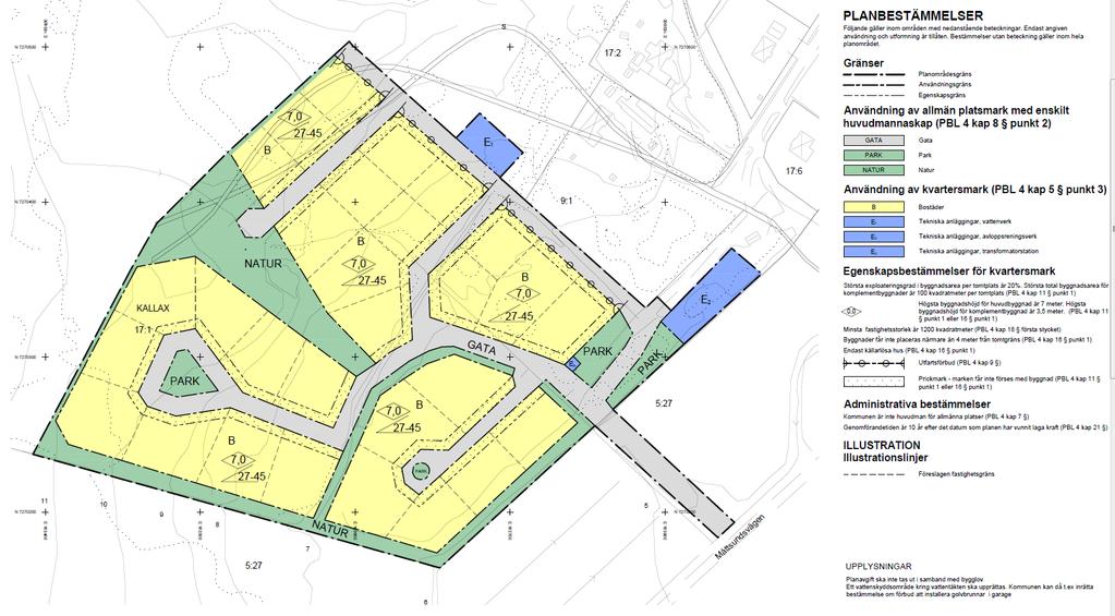 3.4 Vad är en detaljplan I en detaljplan får kommunen reglera användningen av mark- och vattenområden genom att bland annat pröva lämpligheten för bebyggelse. En detaljplan ska enligt PBL bl.a. upprättas vid större exploateringar och när det råder stor efterfrågan på ett område för bebyggande.