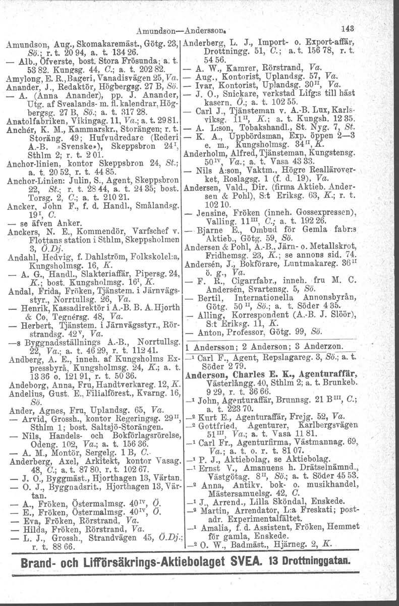 AmuudsoneÅnderssons 143 Amundson, Aug., Skomakaremäst., Götg. 23, Anderberg, L. J., Import o. Exportaffär, Sö.; r. t. 2094, a. t. 13426. Drottningg. 51, G.; a. t. 15678, r. t. _ Alb.