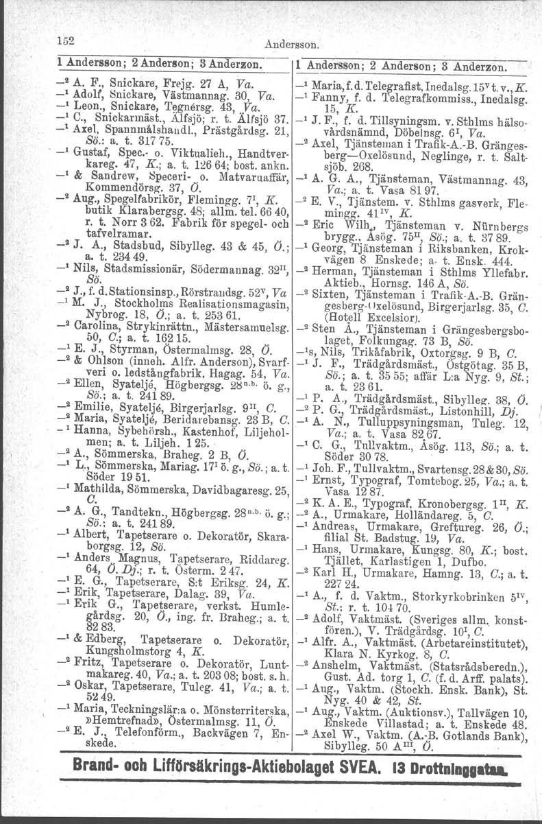 152 Andersson. l Andersson; 2 Anderson; 3 Anderzon. l Andersson; 2 Anderson; 3 Anderzon. _2 A. F., Snickare, Frejg. 27 A, Va. _1 Maria,f.d. Telegrafist, Inedalsg 15Vt. v.,k.