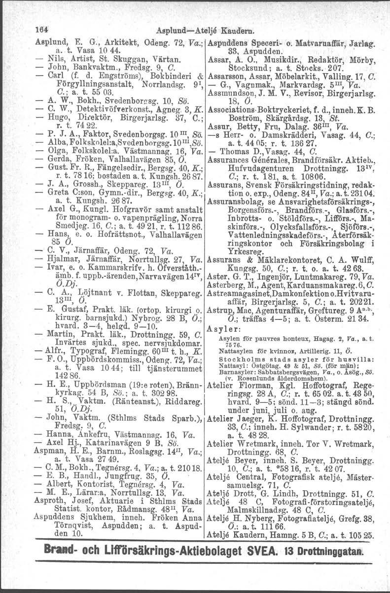 164 AsplundAtelje Kaudern. Asplund, E. G., Arkitekt, Odeng. 72, Va.; Aspuddens Speceri O~Matvaruaffär" Jatlag. a. t. Vasa 1044. 33, Aspudden. ' Nils, Artist, St. Skuggan, Värtan. Assar, A. O., Musikdir.