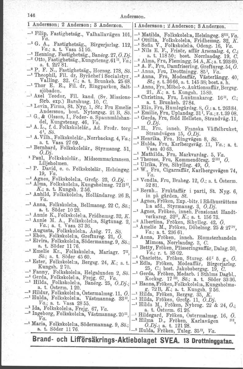 146 Andersson. l Andersson; 2 Anderson; 3 Anderzon. l Andersson; ~ Anderson; 3 Anderzon. Filip, Fastighetsäg., Valhallavägen 101,, Matilda, Folkskolel:a, Helsingeg. 81ll, Va.. Va. G. A., Pastizhetsäg.