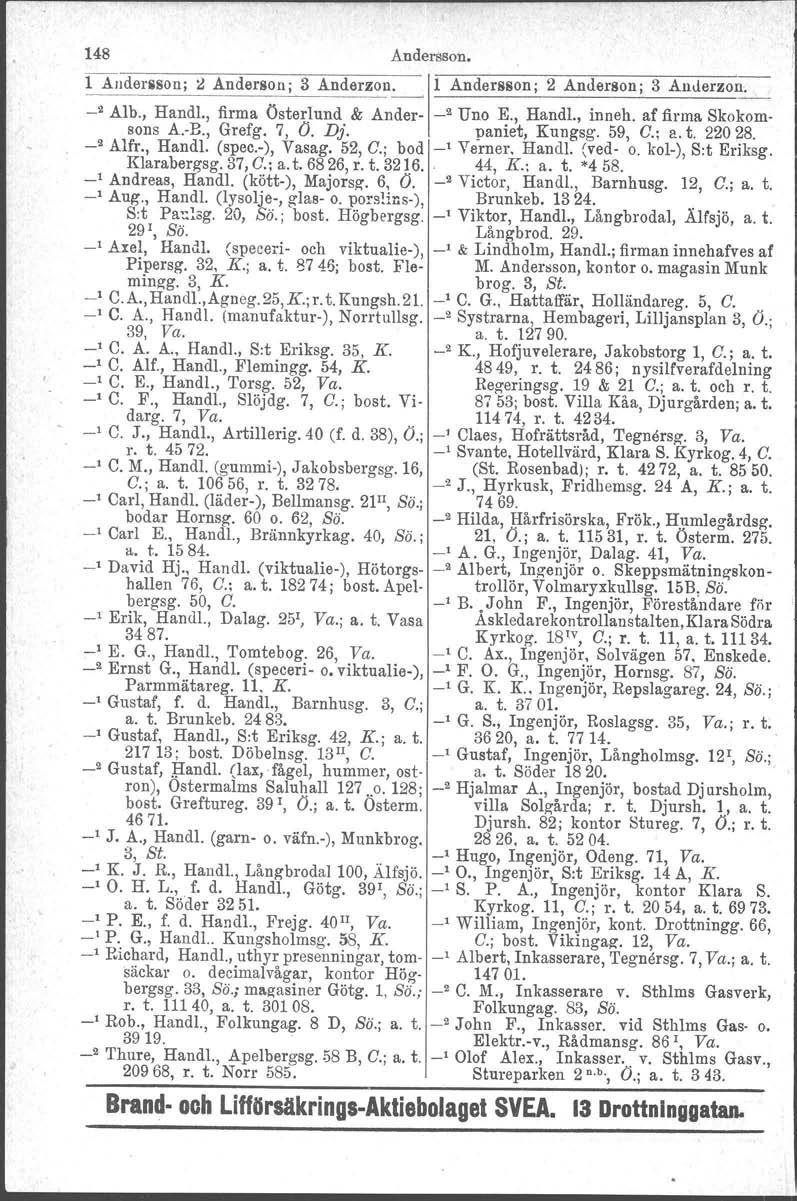 148 Andersson. 1 AnderliSon; l! Anderson; 3 Anderzon. 11 Andersson; 2 Anderson; 3 AnJerzon. _2 Alb., Handl., firma Österlund & Ander _2 Uno E., Handl., inneh. af firma Skokomsons A.B., Grefg. 7, (J.