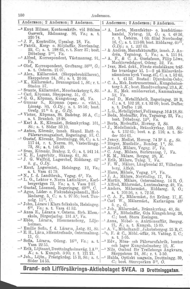 160 Andersson. 1 Andersson; 2 Anderson; 3 Anderzon. 1 Andersson; 2 Anderson; 3 Anderz~ ~ Knut Hilmer, Kontorsskrifv. vid Sthlms A. Levin, Manufaktur o. konfektions Gasverk, Rådmansg. 86, Va.; a. t.