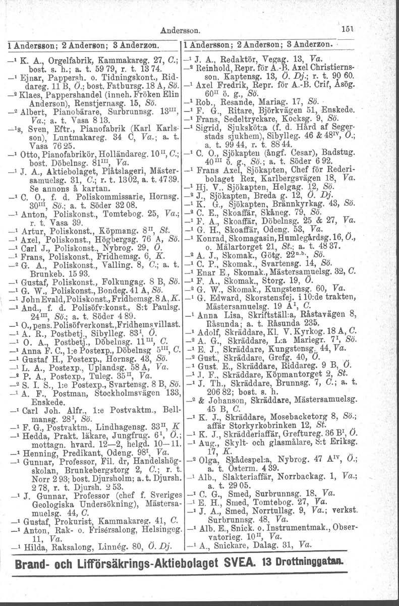 Andersson. 151 l Andersson; 2 Anderson; 3 Anderzon. 1 Andersson; 2 Anderson; 3 Anderzon. K. A., Orgelfabrik, Kammakareg. 27, C.j J. A., Redaktör, Vegag. 13, Va. bost, s. h.: a. t. 5979, r. t. 1374.