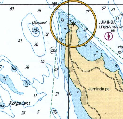 Uppift 4. Bestickpunkten är 59 33,5 N 025 24,0 O. Havsfyren Juminda pejlas 45 om styrbord klockan 13.00 och tvärs om styrbord klockan 13.30. Båtens kompasskurs är 340 och farten 8 knop.