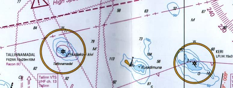 Uppgift 5. Bestickpunkt är 59 42,5 N 025 02,5 O. Du styr kompasskurs 260 och farten är 8 knop. Klockan 16.30 pejlar du med huvudkompassen havsfyren Keri i kompassbäring 161 och klockan 17.