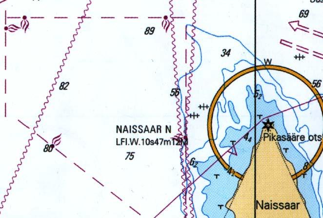 Uppgift 6. Bestickpunkten är 59 38,5'N 024 31,0'O. Du styr kompasskurs 230 och farten är 10 knop. Klockan 18.05 pejlar du med huvudkompassen havsfyren Naissaar N i kompassbäring 151 och klockan 18.