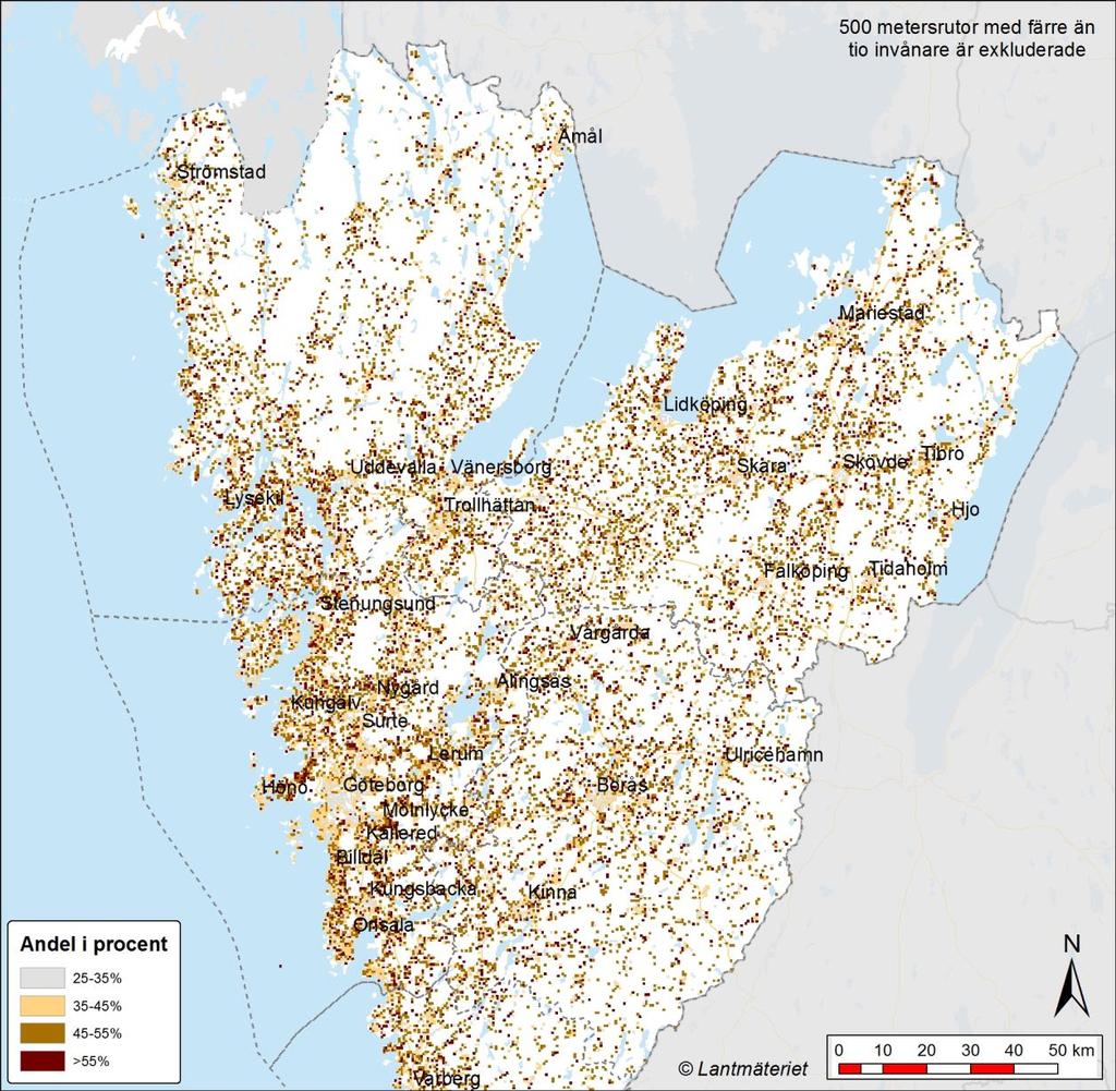 Karta 5:4 Andelen invånare i åldern 6-19 år och 35-49 år av den totala befolkningen Det finns inga stora skillnader i åldersstrukturen i delregionerna mellan olika typer av landsbygder.