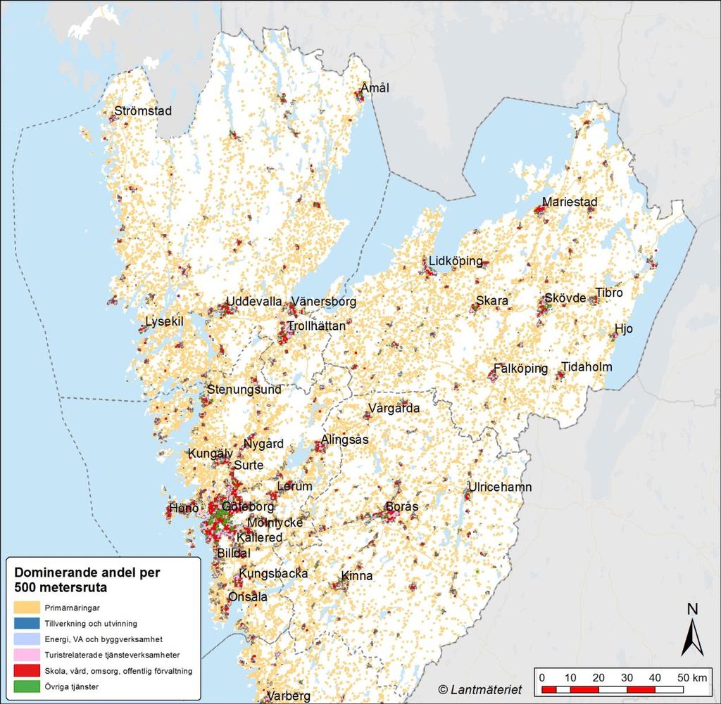 Karta 5:11 Dominerande branschtyp 24 i Västra Götaland per 500 metersruta Jordbruket är naturligt platsbundet och ytkrävande.