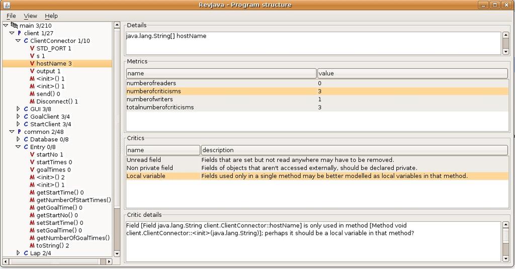 Figur 3: RevJavas vy över programstrukturen för projektet innehåller stora mängder information presenterad i en välstrukturerad lista I figur 3 visas information om kritik