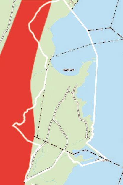 Radon I delar av planområdet finns risk för markradon (rödmarkerat i bilden). Planförslag I sydvästra delen tillåts byggnation av stugor.