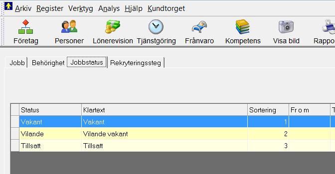 ansökningar för rapporter till exempel. Jobbstatus Nästa steg är att registrera jobbstatus under menyn Register - Rekrytering administration.