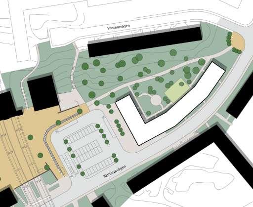 Skiss av Tengbom och Nom Arkitekter, på uppdrag av exploateringskontoret, som visar förslag på möjlig minskning av bussterminal till förmån för en längre sammanhängande tomtyta.