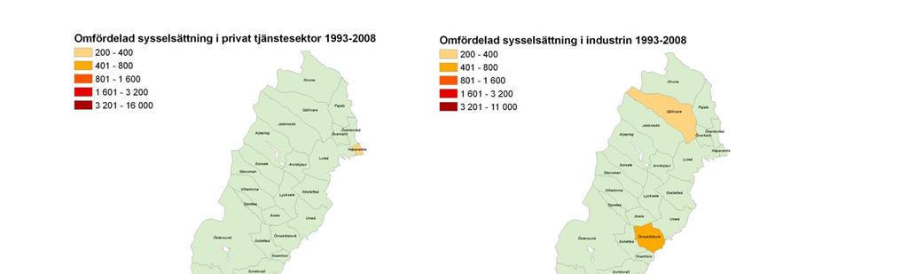 Figur 15 Geografisk omfördelning av sysselsättningen i privat tjänstesektorn och industrin mellan 1993 och 2008 5 Stockholmsregionens tillväxt främjar tillväxten i övriga Sverige I kapitel tre