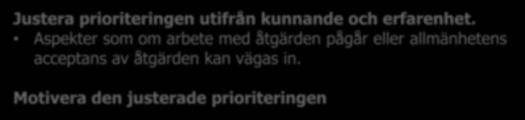 Prioritera na utifrån Effekten av åtgärden Kostnad för genomförandet Sannolikhet att åtgärden ger väntad effekt Motivera prioriteringen Justera