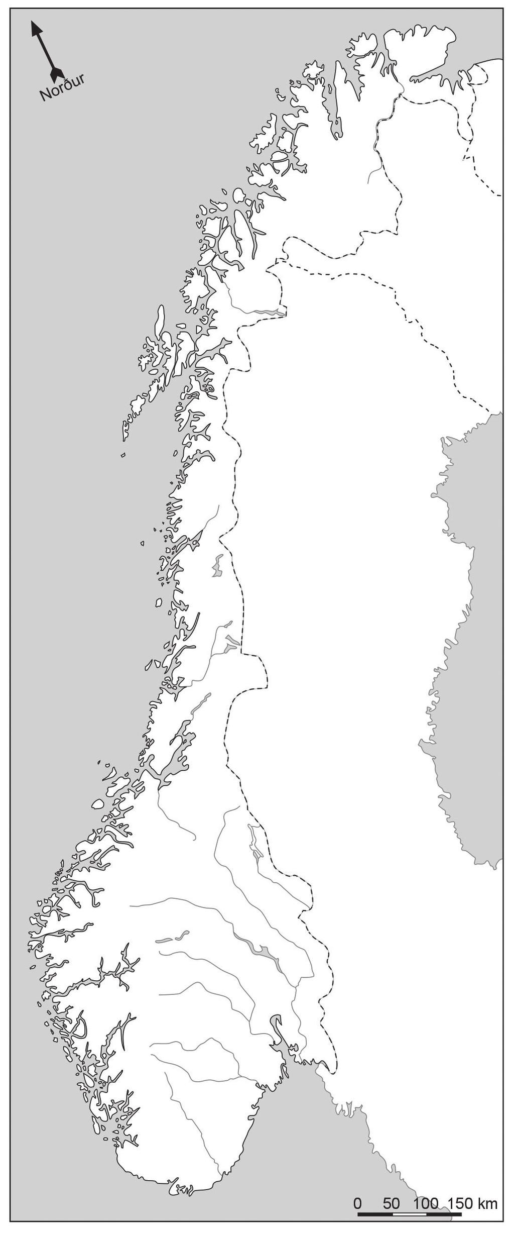 Noregur Finndu þessa staði á korti og settu númer þeirra á réttan stað á kortinu. 1. Ósló 2. Stavanger 3. Bergen 4. Þrándheimur 5. Guðbrandsdalur 6.