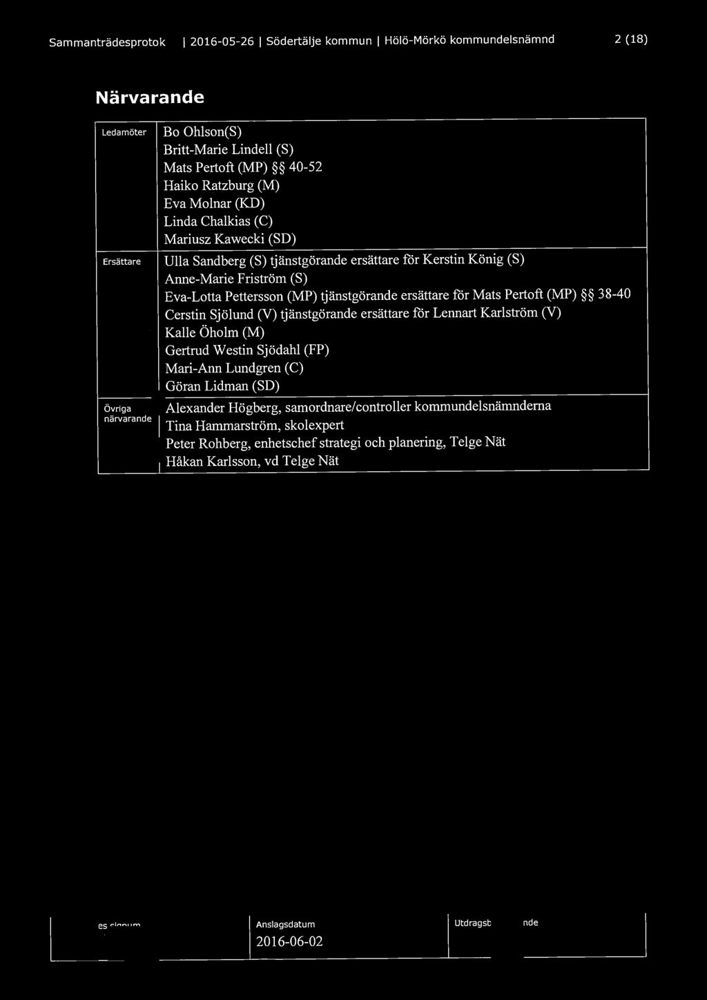 Sammanträdesprotokoll l 2016-05-26 l Södertälje kommun l Hölö-Mörkö kommundelsnämnd 2 (18)