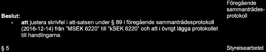 Stiftelsen för Strategisk Frskning 2/5 Christer Fuglesang, punkt 1 3 på dagrdningen ( 13) 4 5 att justera skrivfel i att-satsen under 89 i föregående sammanträdesprtkll (2016-12-14) från "MSEK 6220"