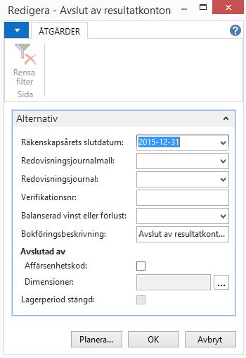 Nollställning av resultat till balanskonto Sista steget i årsavslutningen är att nollställa resultaträkningen och boka upp resultatet på ett balanskonto.