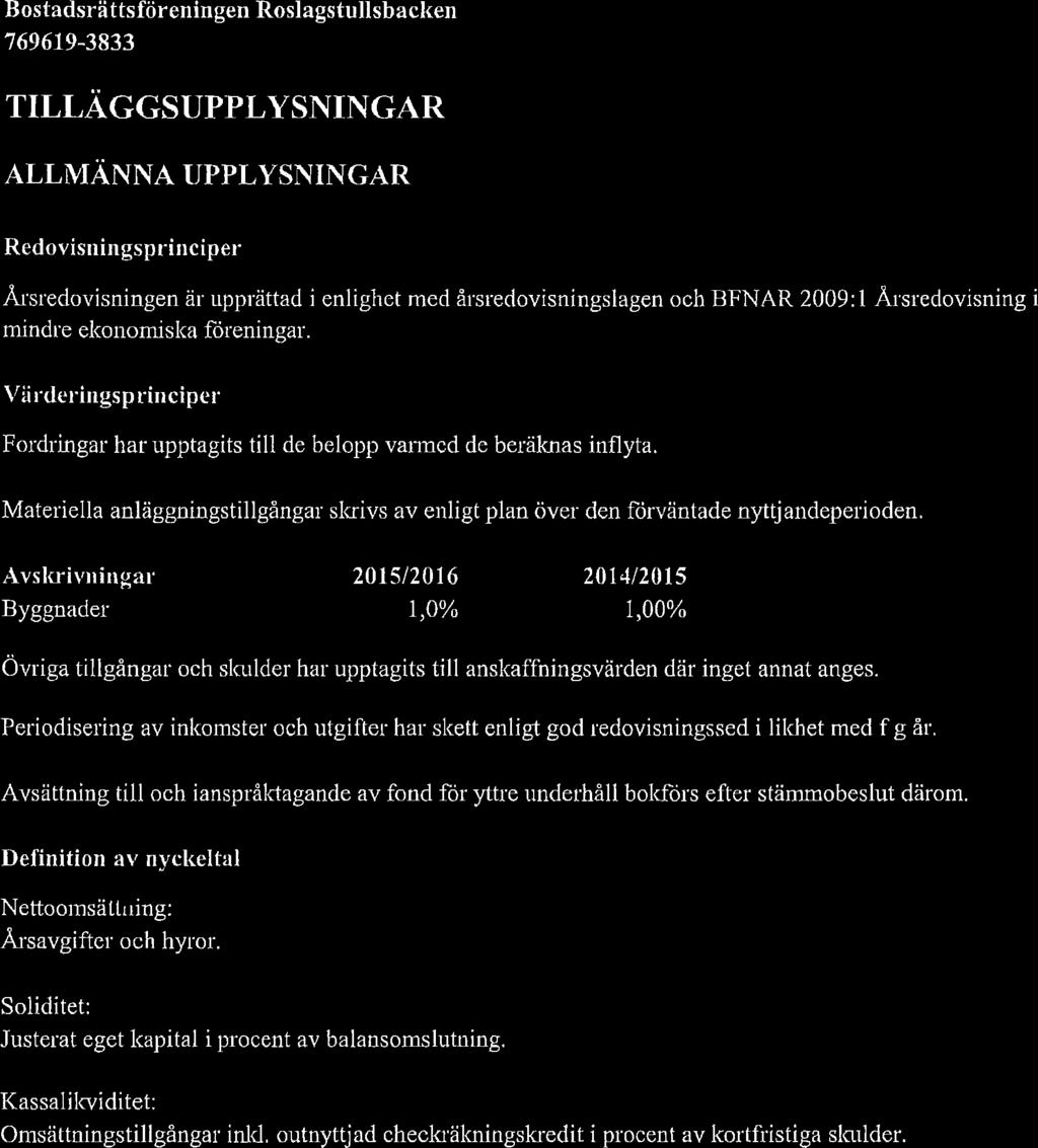 Bostadsrättsföreningen Roslagstulisbacken TILLÄGGSUPPLYSNINGAR ALLMÄNNA UPPLYSNINGAR Redovisningsprinciper Årsredovisningen är upprättad i enlighet med årsredovisnixigslagen och BFNAR 2009:1