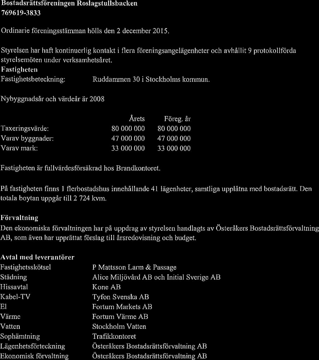 Bostadsrättsföreningen Roslagstulisbacken 7696193833 Ordinarie föreningsstämman hölls den 2 december 2015.