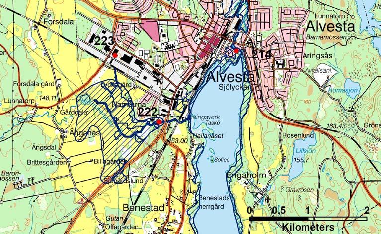 222. Södra Alvesta, Skaddeån, Alvesta kommun Löpnummer 07-764-222 Koordinater Ö=472121 N=6305071 VattenförekomstID SE630725-141985 1945: Översvämning längs vattendrag orsakad av högt flöde, längd 1,8