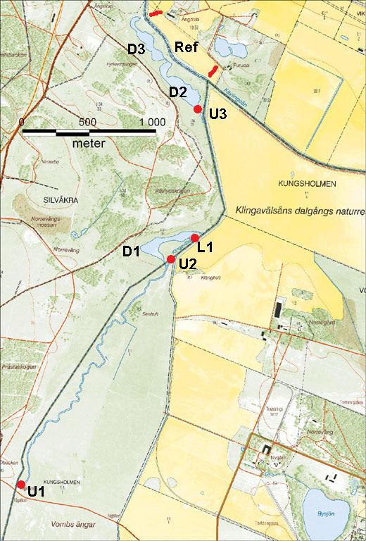 2.4.1 Våtmarker i Klingavälsån I Klingavälsån har två våtmarker utvärderats, dels en anlagd damm (D1, Figur 2.