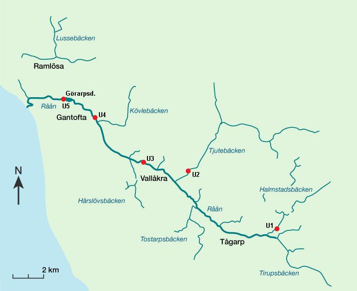 = 2, Gantofta U4, N = 2, Figur 2.4) som är mindre flödeskänslig än Halmstadsbäcken och Tjutebäcken (Figur 2.4). Figur 2.4. Utsättningsplatser för märkt havsöringsmoltt.