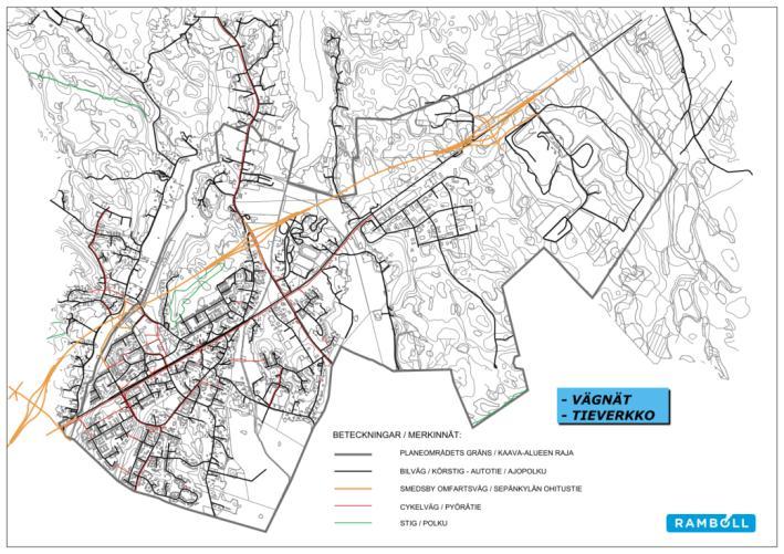 Bild 15. Avloppsledningsnät på planeområdet, se bilaga 2. Trafiknätet i Smedsby består av allmänna landsvägar, gamla byavägar och relativt nyanlagda leder på planlagda områden.