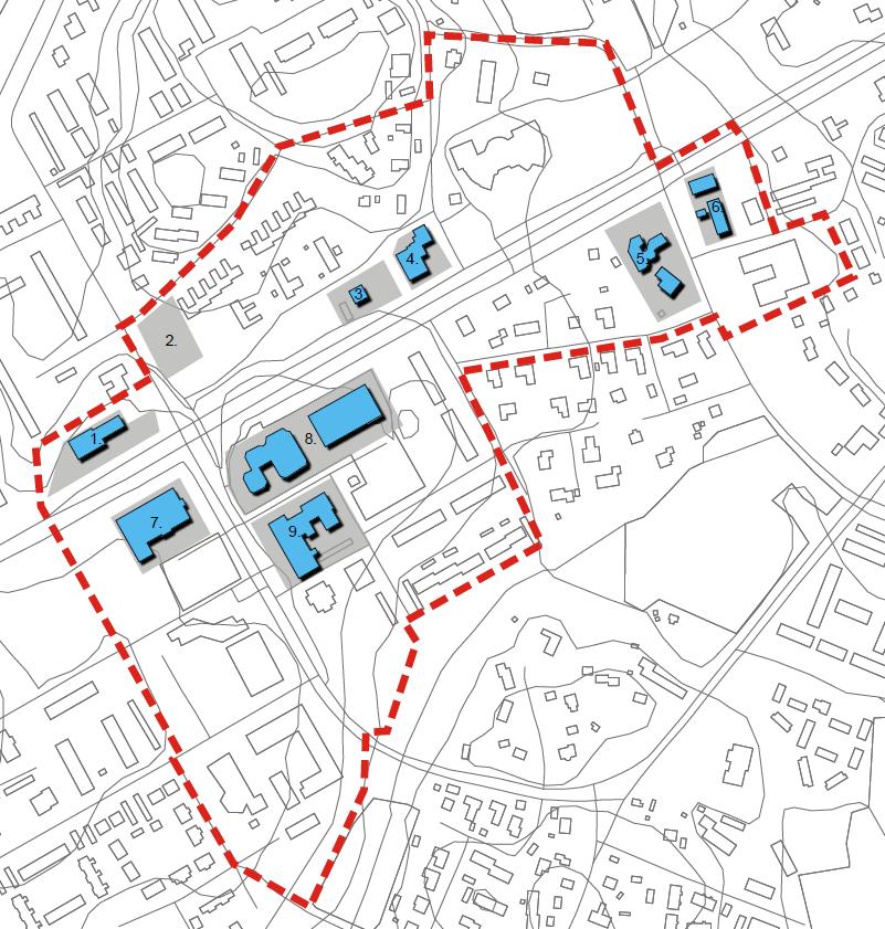 Bild 43. Bilden visar befintliga fastställda detaljplanerade handelsfunktioner och det definierade dimensioneringsområde för den kommersiella servicen till Smedsby centrum.