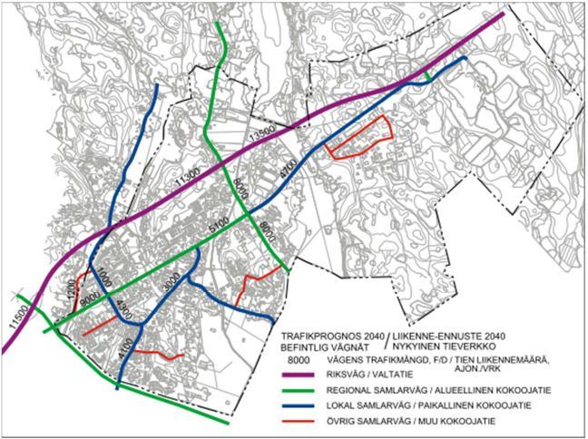 Bild 47. Trafikprognos 2040 för befintligt vägnät med beaktande av den möjliga bebyggelsetillväxten. Bild 48.