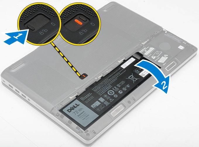 Ta bort batterihöljet 1. Följ proceduren i Innan du arbetar inuti datorn. 2. Utför följande steg som visas i illustrationen: a. Skjut på frigöringshaken för att låsa upp batterihöljet [1]. b. Skjut och lyft upp batterihöljet för att ta bort det från datorn [2].