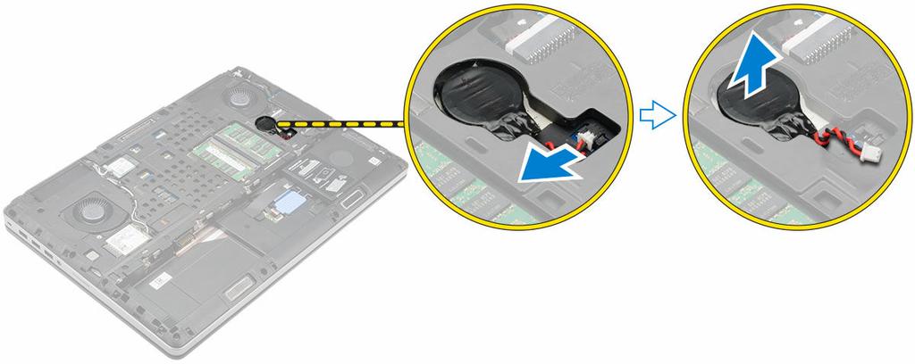 Installera knappcellsbatteriet 1. Sätt tillbaka knappcellsbatteriet på dess plats i datorn. 2. Anslut kabeln för knappcellsbatteriet. 3.