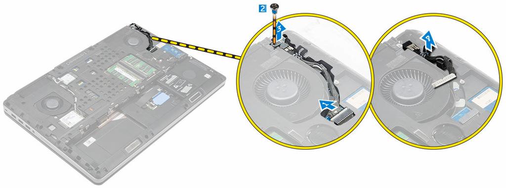 Installera hårddiskkabeln 1. Anslut hårddiskkabeln till moderkortet och dra kabeln genom kabelkanalen. 2. Dra åt skruvarna som håller fast hårddiskkabeln i datorn. 3. Installera: a. hårddisken b.