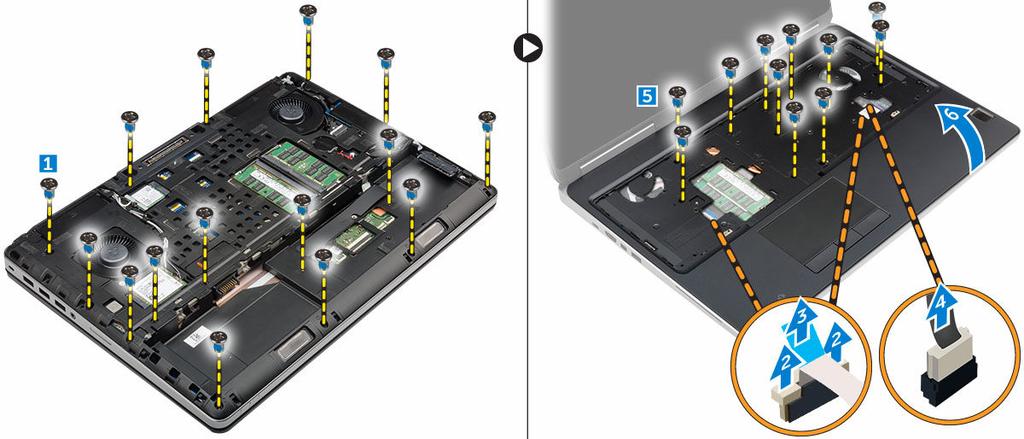 Ta bort handledsstödet 1. Följ proceduren i Innan du arbetar inuti datorn. 2. Ta bort: a. batterihöljet b. batteriet c. kåpan d. hårddisken e. tangentbordet 3.