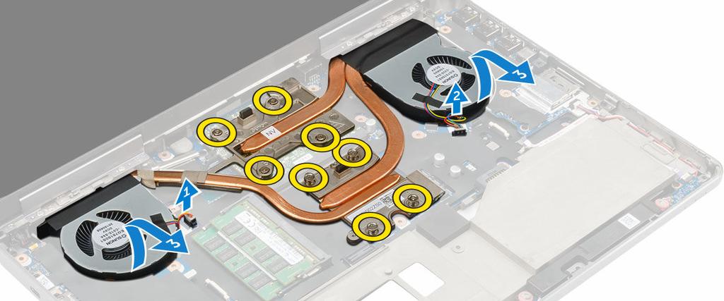 Installera kylflänsmonteringen 1. Sätt tillbaka kylflänsmonteringen på dess plats. 2. Sätt fast tejpen på värmeröret. 3. Dra åt fästskruvarna som håller fast kylflänsmonteringen i datorn.