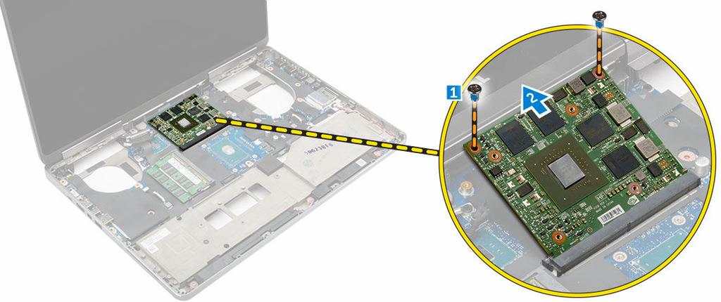 Installera bildskärmskortet 1. För in bildskärmskortet på dess ursprungliga plats på datorn. 2. Dra åt skruvarna som håller fast bildskärmskortet i datorn. 3. Installera: a. kylflänsen b.