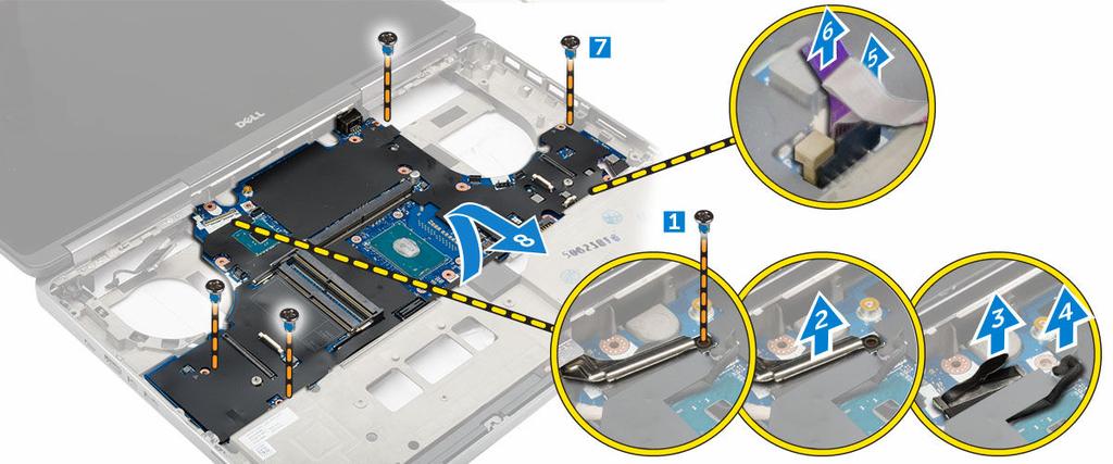 h. batterihöljet 4. Följ anvisningarna i När du har arbetat inuti systemet. Ta bort moderkortet 1. Följ proceduren i Innan du arbetar inuti datorn. 2. Ta bort: a. SD-kortet b. batterihöljet c.