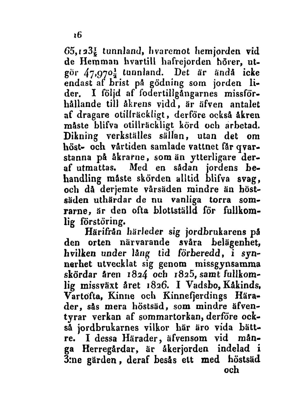 16 65,ia3^ tunnland, Ii varemot hemjorden vid de Hemman hvartill hafrejorden hörer, utgör 47»97 ä tunnland. Det är ändå icke endast af brist på gödning som jorden lider.