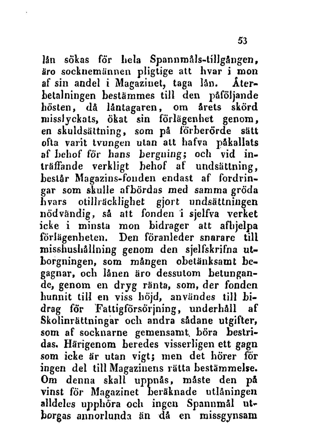 53 län sökas för hela Spannmåls-tillgången, äro sockiiemännen pligtige att hvar i mon af sin andel i Magaziuet, taga lån.