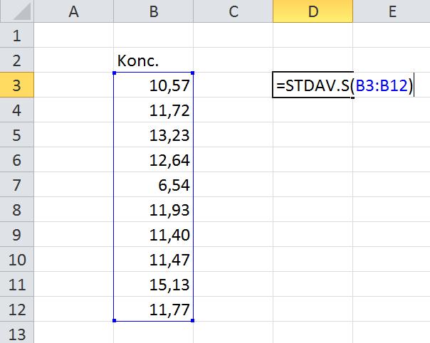 Figur 6. Framtagande av skattad standardavvikelse (s) i Excel. En sannolik (utifrån α) övre gräns för det sanna medelvärdet (Xα, Figur 1) kan sedan skattas med hjälp av T-fördelningen.