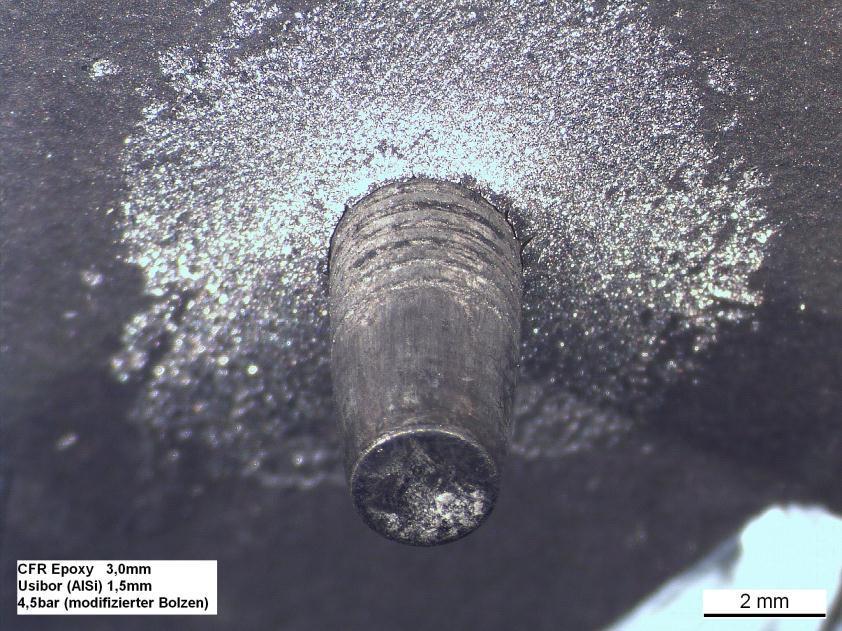 Specimen type Close-up of lower rim hole Joining test Materials 1: CFRP with epoxy matrix, t=2,6 mm 2: 22MnB5+AS150, t=1,5 mm Joining Method High-speed punch nailing w/o bonding Process