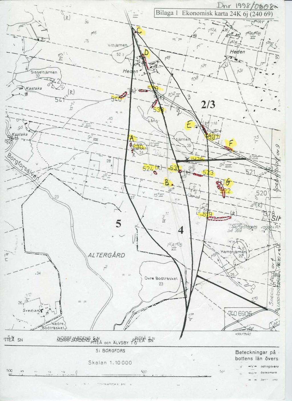 Norrbottens museum Dnr 169-2013 Bilaga 5 Scannad karta över lämningar som påträffats vid en arkeologisk utredning längs med väg 555 under 1998 (Urberg 1998).